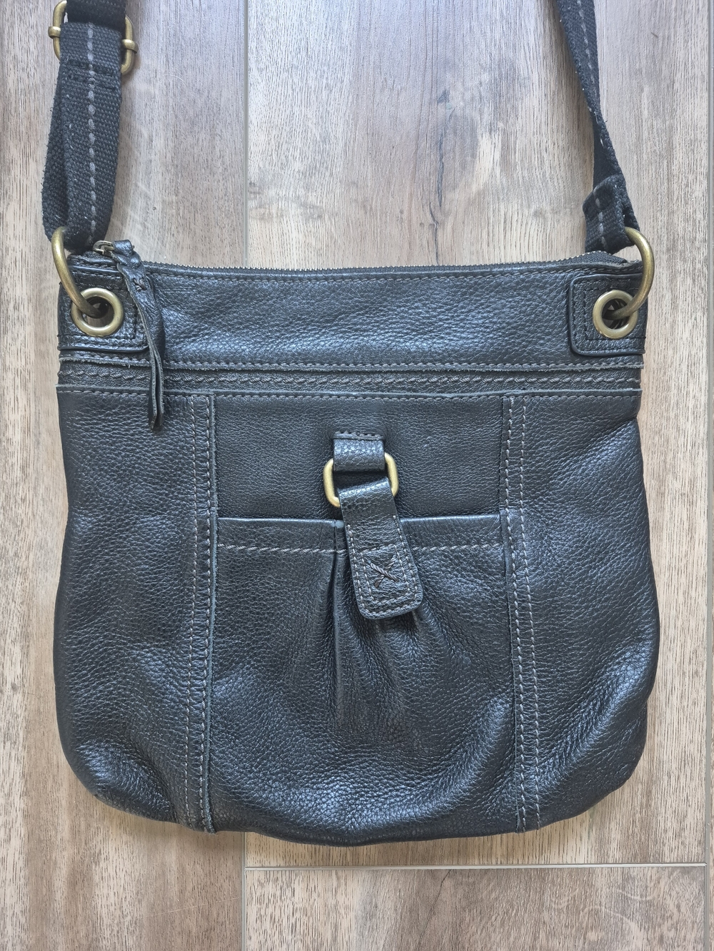 The Sak Black Pebbled Leather Kendra Crossbody Bag with Brass Accents